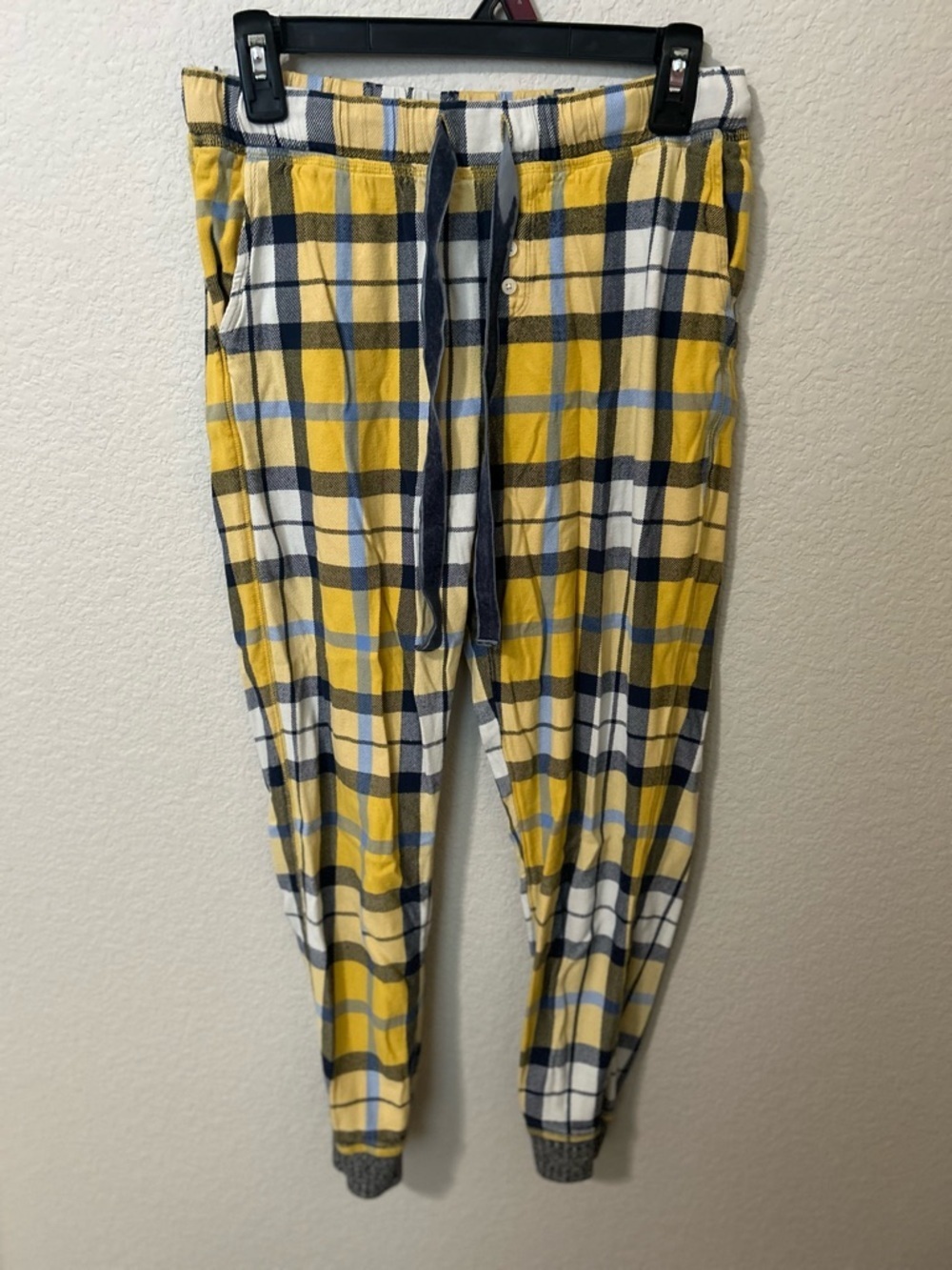 Aerie Plaid Flannel Jogger Pajama Pants Yellow Navy Drawstring Size Small Long - Picture 2 of 5